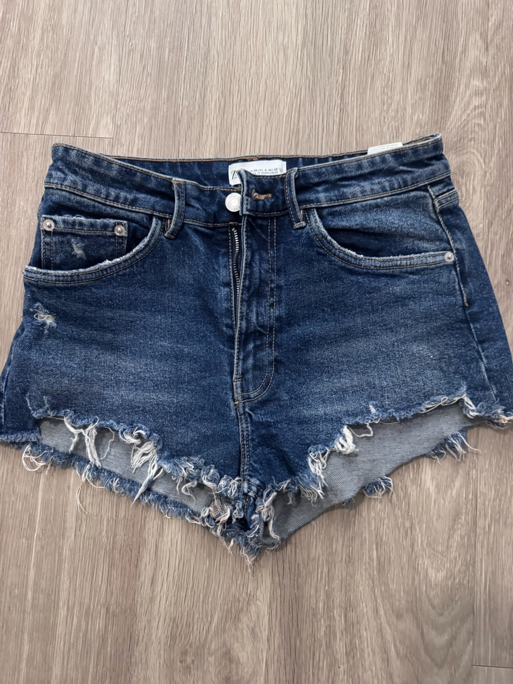 Zara Dark Blue Distressed Frayed Denim Shorts